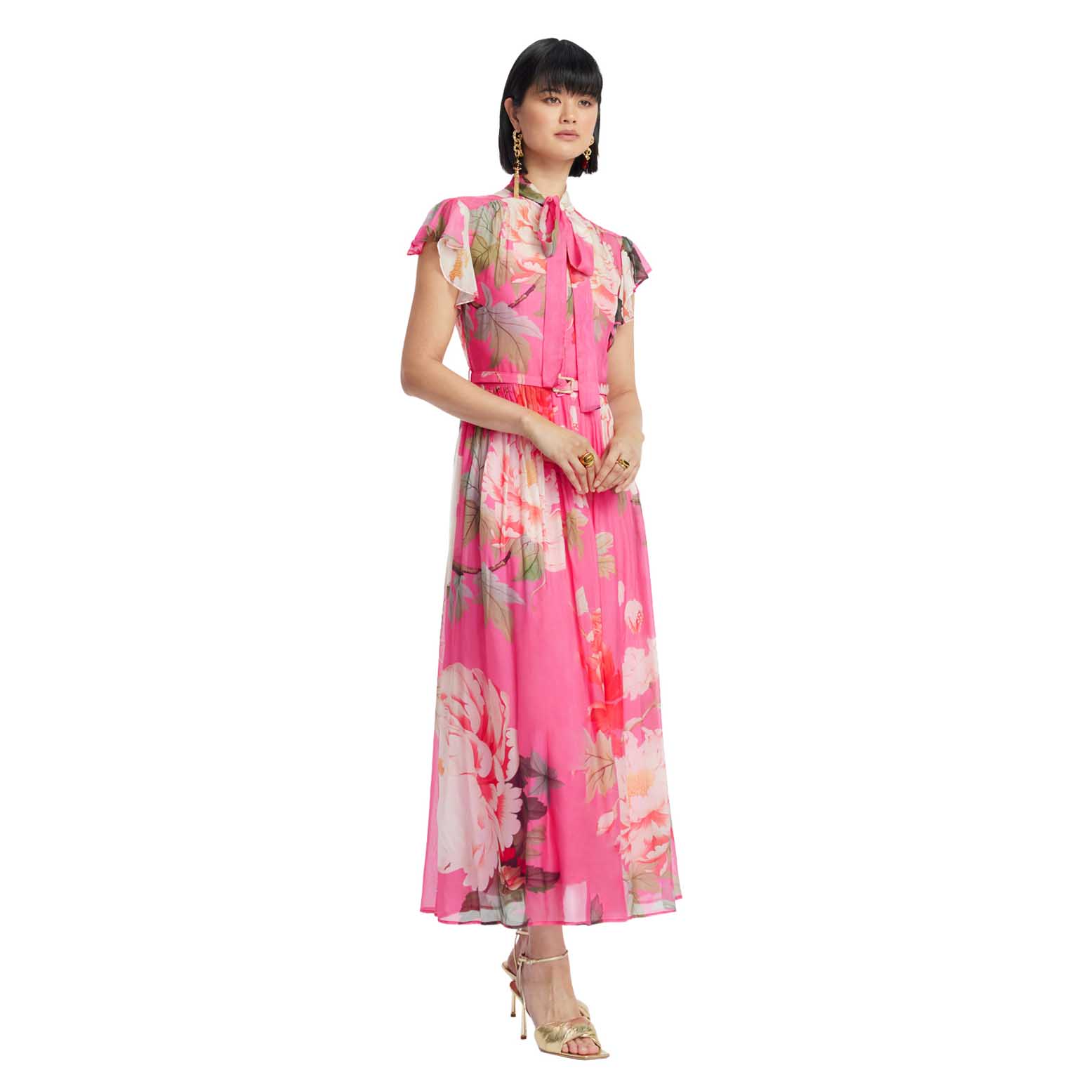 LEO LIN Grace Flutter Sleeve Midi Dress - Peony Print In Fuchsia